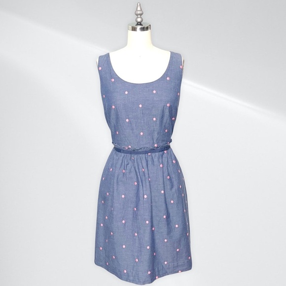 Ann Taylor Loft Chambray Embroidered Polka Dot Dress Blue Pink Size 4 NWT - Picture 1 of 9